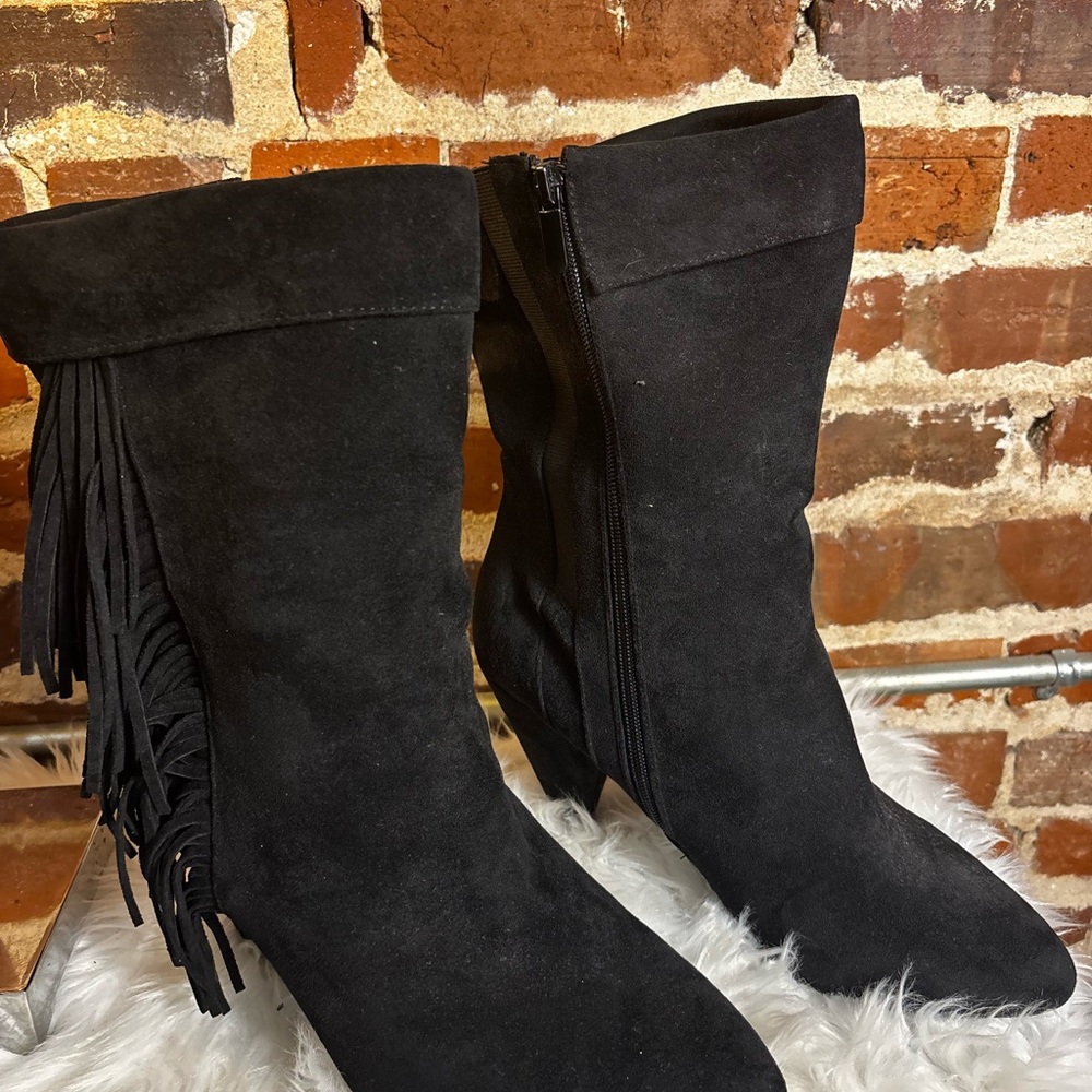 torrid Black Suede Fringe Mid-Calf Heeled Boots